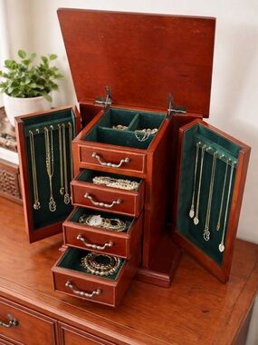 Vintage 90s Bombay Jewelry Armoire Wooden Organizer Chest Drawers Necklace